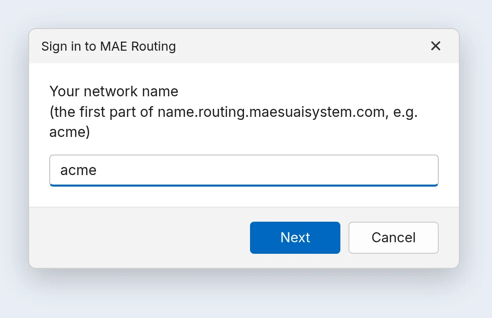 หน้าต่าง Sign in to MAE Routing ที่ถามชื่อเครือข่าย