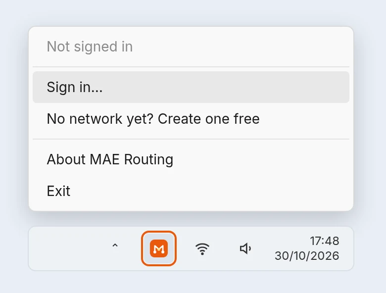 เมนู MAE Routing ข้างนาฬิกา แสดง Not signed in และ Sign in…