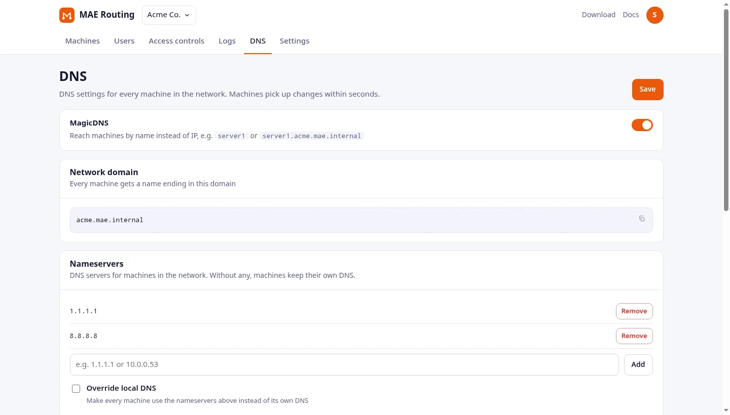 หน้า DNS พร้อม MagicDNS, nameserver และ split DNS